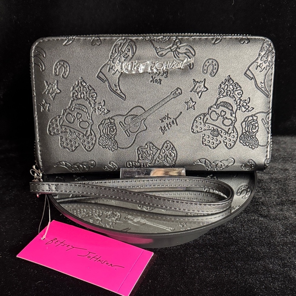Betsey Johnson Black Embossed Wristlet with Silver Accents